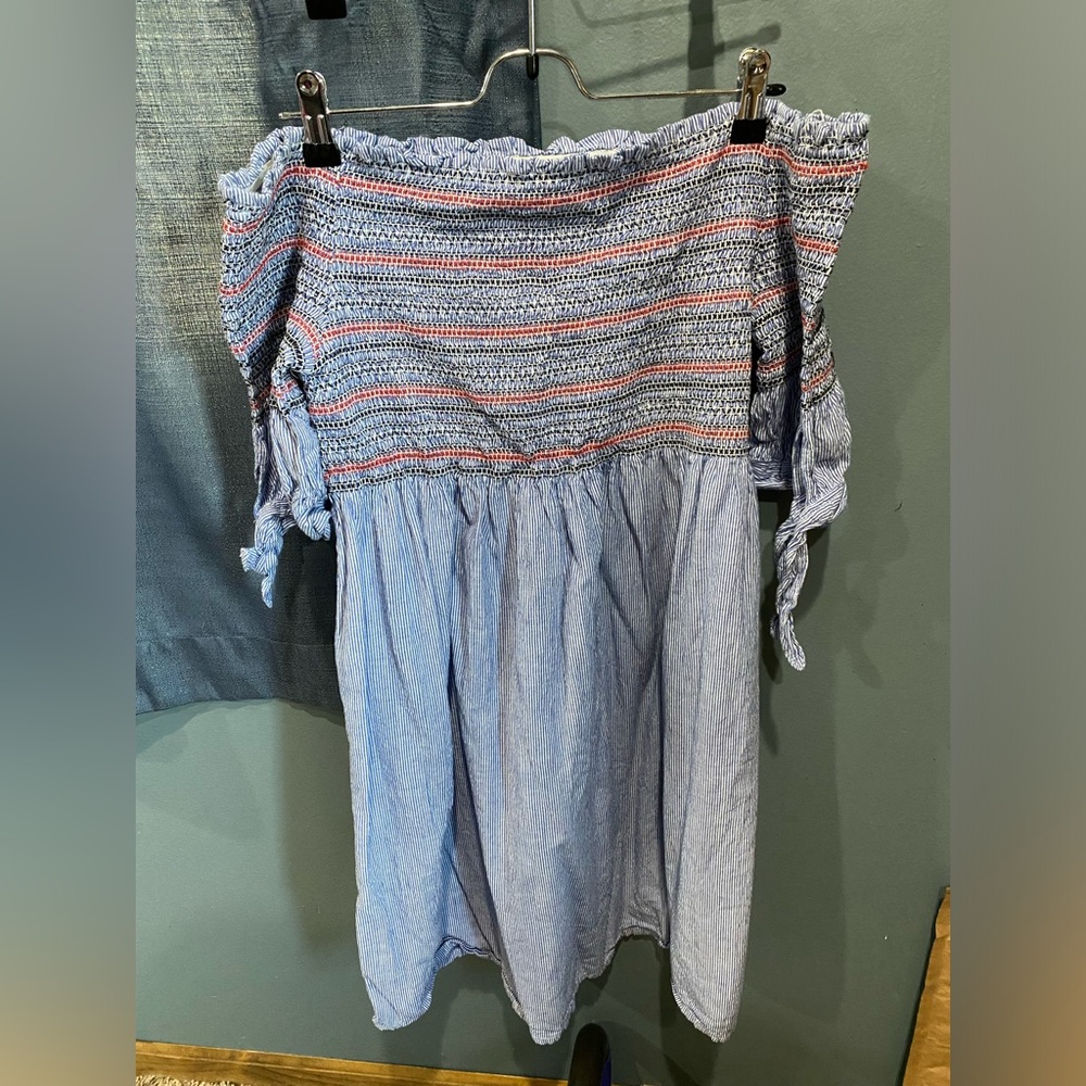 Blue and white striped off the shoulder mid length dress